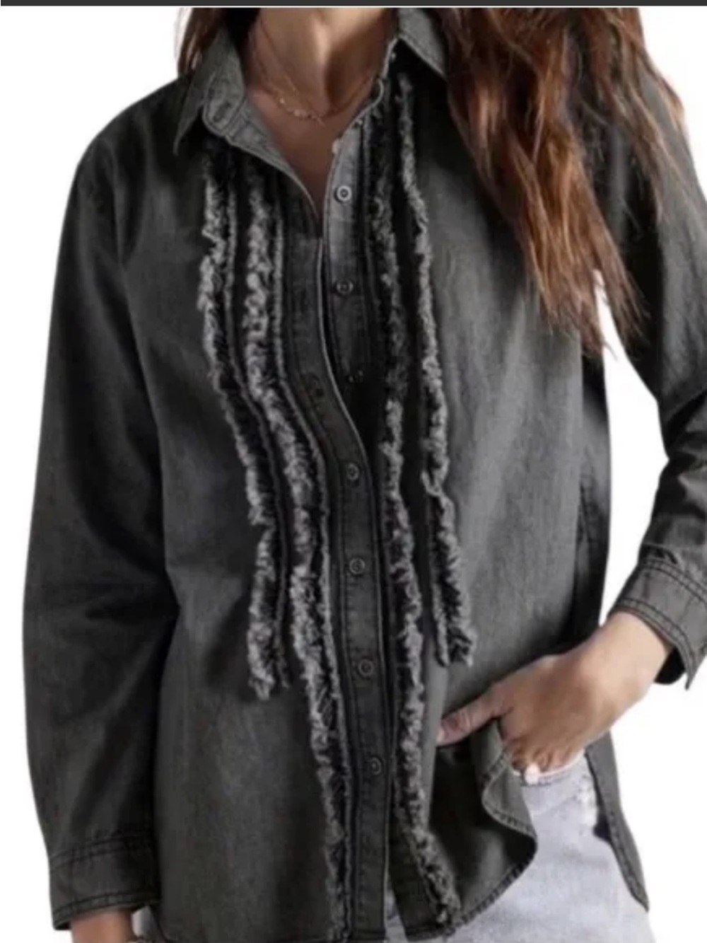 Anthropologie Juni Ruffled Denim Button Down Charcoal Grey Size Large